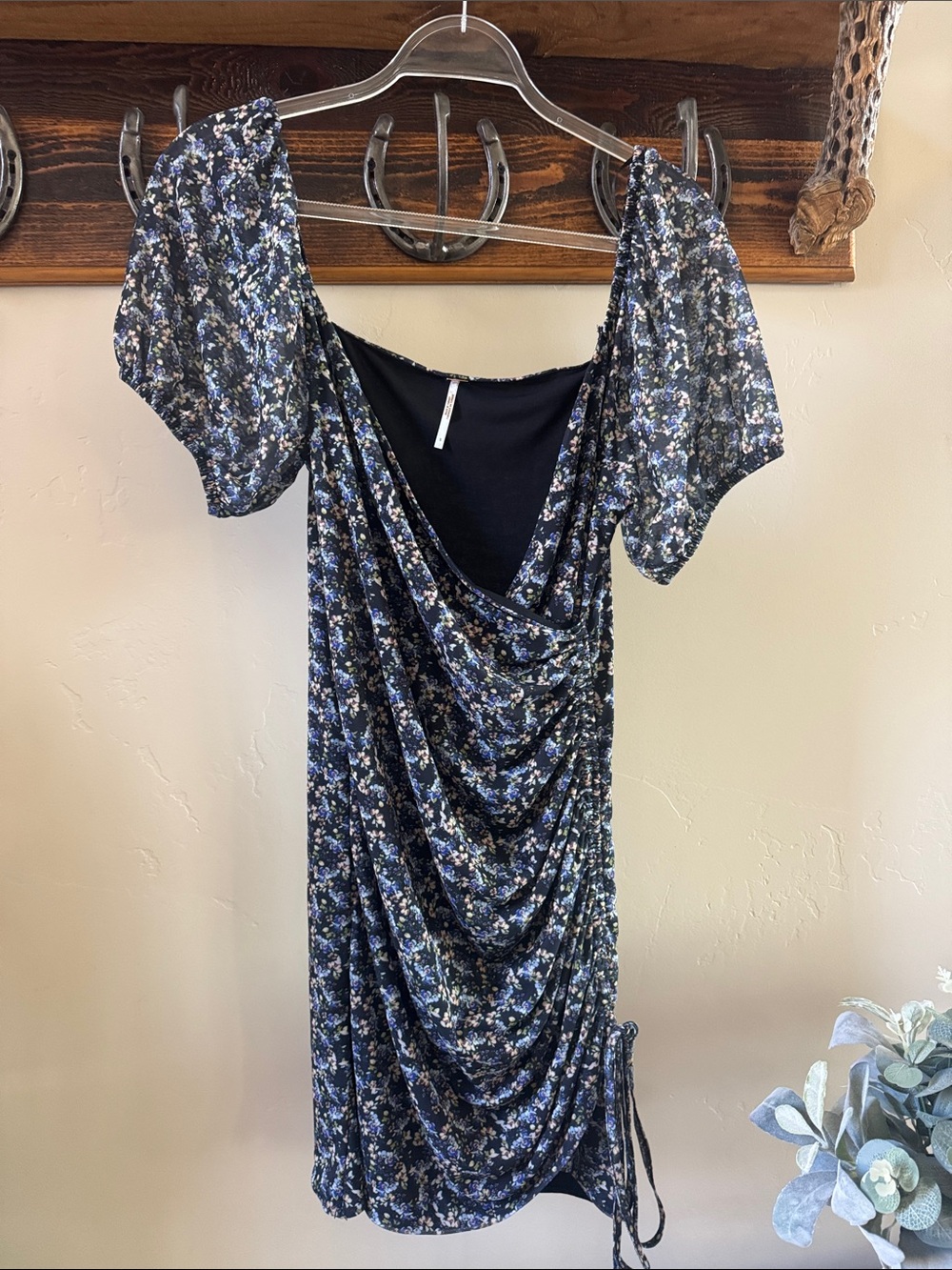 Free People Navy Floral Draped Puff-Sleeve Mini Dress